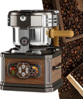Top Tier Home Coffee Bean Roaster Featuring Silent Quick Heat Modes, sleek wood and stainless steel design, digital controls.