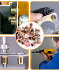 Collage of 16 Inch Rivet Nut Tool Kit With 15 Mandrels And 300 Rivet Nuts Assortment For Metric And SAE Sizes in use