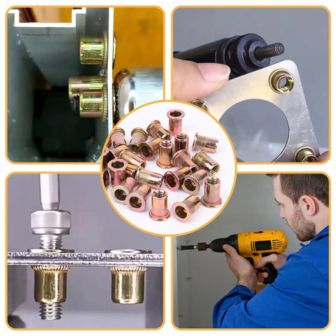 Collage of 16 Inch Rivet Nut Tool Kit With 15 Mandrels And 300 Rivet Nuts Assortment For Metric And SAE Sizes in use