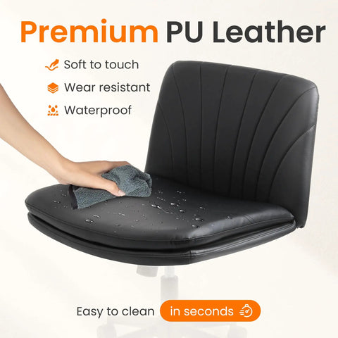 Comfy Cross Leg Chair On Five Wheels For Home Office And Vanity Makeup Setup Armless Swivel Desk Chair With PU Leather Finish Black