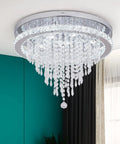Crystal Chandelier LED Ceiling Light 19.6 Inch Flush Mount Fixture with Cool White Glow in modern living room decor.