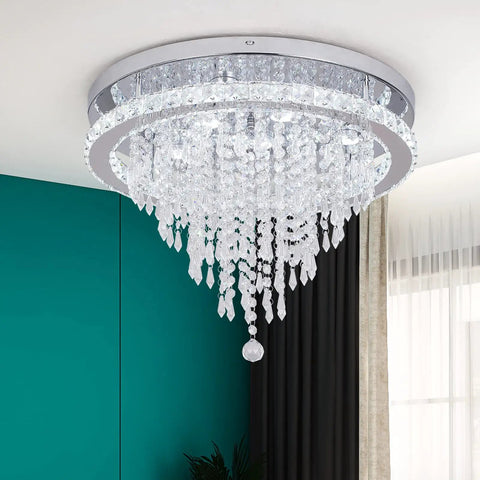 Crystal Chandelier LED Ceiling Light 19.6 Inch Flush Mount Fixture with Cool White Glow in modern living room decor.