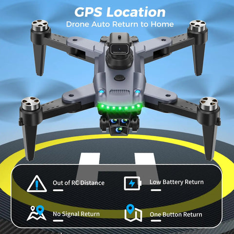 Pro Grade 4K Camera GPS Drone With Auto Return hovering over helipad with GPS location features displayed.