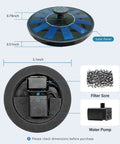Floating Solar Bird Bath Fountain Pump With 6V 1.2W Panel, shown with solar panel, filter, and water pump components.
