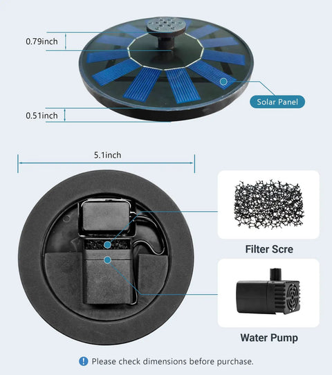 Floating Solar Bird Bath Fountain Pump With 6V 1.2W Panel, shown with solar panel, filter, and water pump components.