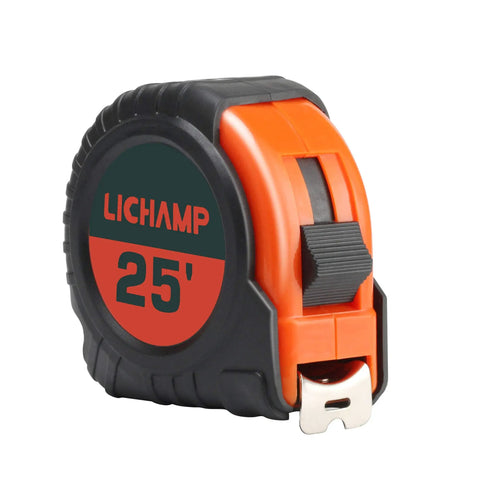 Bulk Six Pack 25 Ft Tape Measure With Easy Read Fractions One Eighth Increments, orange retractable casing, side view