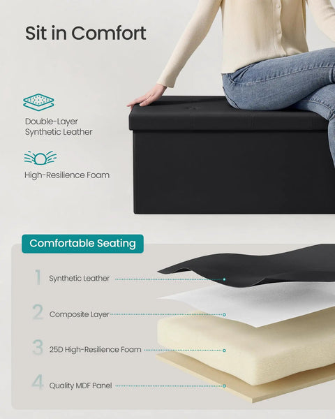 Woman sitting on Mazie Collection 43 Inch Folding Storage Ottoman Bench With Hidden Storage Foot Rest Stool Supports Up To 660 Lb No Fuss Easy Foldaway Design For Living Room Black Synthetic Leather with comfort layers displayed.