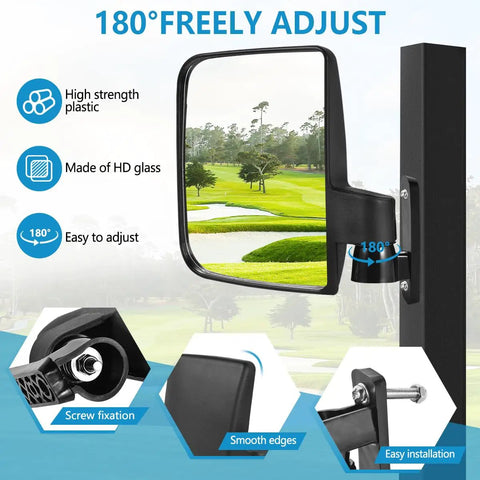 Adjustable Golf Cart Side Mirror Set With Wide 6.3 By 5.2 Inch HD Glass Durable Plastic Housing Weatherproof For Club Car EZGO Yamaha