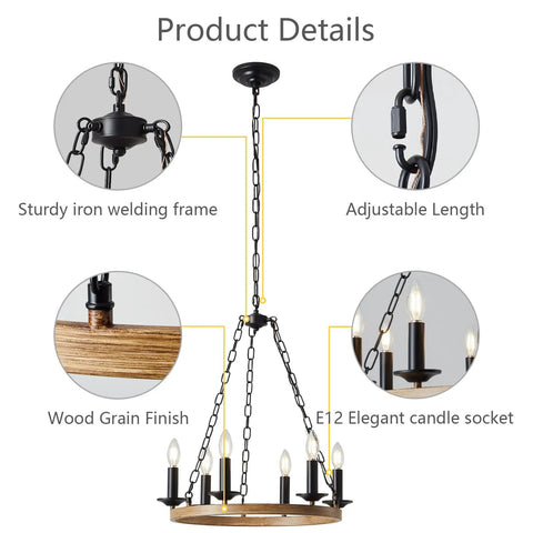 Product details of Six Light Farmhouse Chandelier With Rustic Industrial Wagon Wheel Design In Black, Distressed Metal Finish
