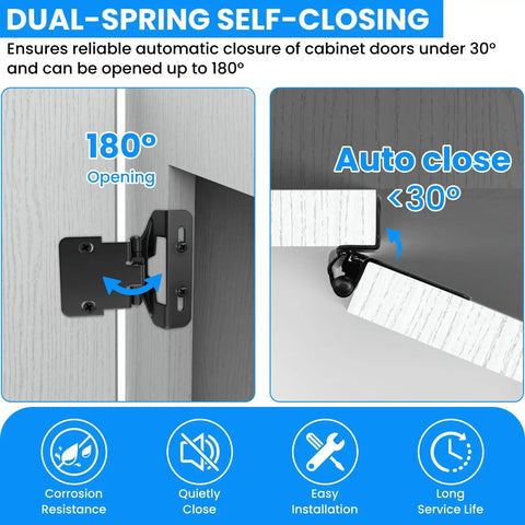 Top Tier 4 Pack Overlay Cabinet Door Hinges Slick Matte Black Finish With Self Closing Build and Heavy Duty Silicone Dampers for 180° opening.