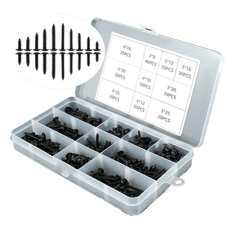 Open box displaying M3 Self Tapping Screws Set 500 Pcs Phillips Pan Head Carbon Steel for woodworking and furniture DIY projects.
