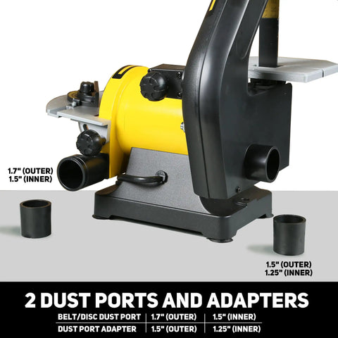 Beast Belt And Disc Sander For Woodworking 1x30 Belt And 5 Disc with 2 dust ports and adapters visible, highlighting durability.