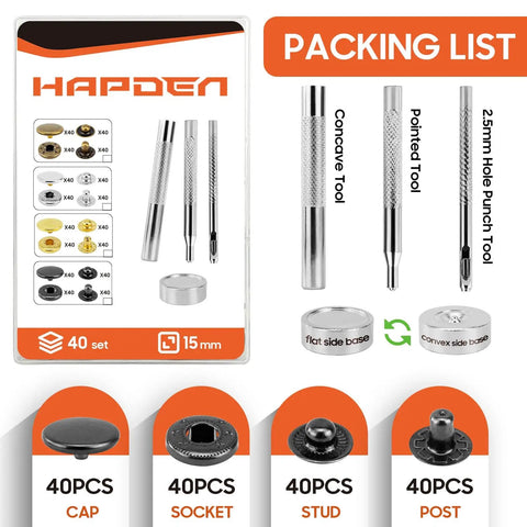 Leather Snaps And Fasteners Kit With 40 Sets Of 15mm Metal Snap Buttons And Setter Tools For Sewing Clothing Fabric