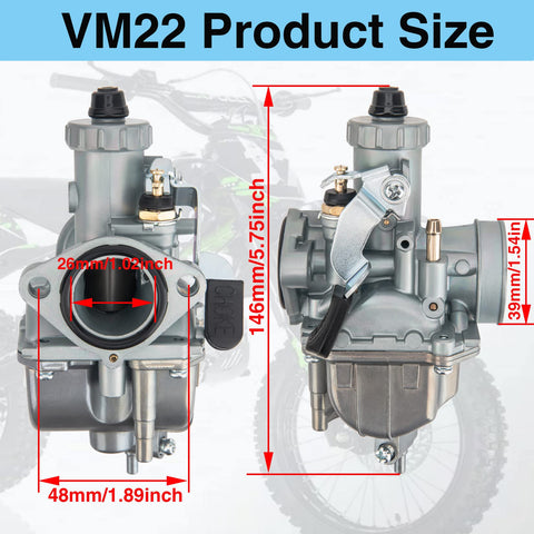 Carburetor With Air Filter Intake 26mm For 110cc 125cc 140cc Dirt Bikes Pit Bikes Lifan YX Zongshen XR50 CRF70 KLX BBR Apollo Thumpstar Braaap Atomic DHZ SSR And More showing size dimensions