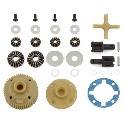 Components of B6.1 Gear Differential Kit for RC Cars Compatible With RC10B6 And B6 Family Models displayed on white backdrop