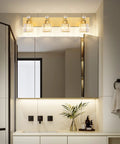 Crystal Four Light Vanity Light Fixture In Gold Finish Over Bathroom Mirror, Modern Lamp with Sparkling Crystals for Luxe Lighting