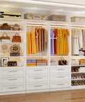 The Real Deal Walk In Closet Organizer System Featuring Four Modular Units, nine sturdy drawers with stylish clothing and accessories.