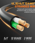 Close-up of UL 62 SJT 12AWG 3 stranded power wire with copper terminals, highlighting Outdoor 12 Inch 15 Amp To 20 Amp T Blade Extension Cable.