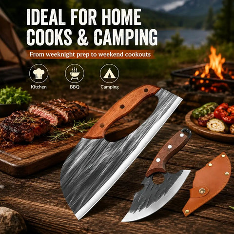 Hand Forged Cleaver And Boning Knife Set With Ergonomic Handles For Meat Veggies And Fruits, ideal for camping cookouts