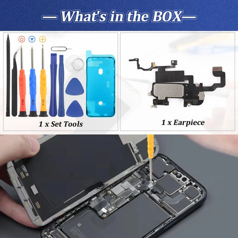 DIY Friendly IPhone 12 Pro Max Earpiece Replacement Kit With Proximity Sensor Flex Cable And Light Sensor, All In One Speaker Assembly With Tools For A2411 A2342 A2410 A2412, tools and earpiece shown