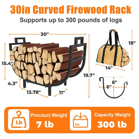 30 Inch Firewood Rack with Log Carrier Bag upgraded taller version, holding logs; 13.7x11 inch steel frame, 300 lb capacity