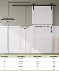 84 Inch Wide White Sliding Barn Door With Waterproof PVC Surface 3 Panel Solid MDF Construction Pre Drilled Holes Easy Assembly No Fuss Install Includes 8 Foot Hardware Track Kit And Handle with measurements chart