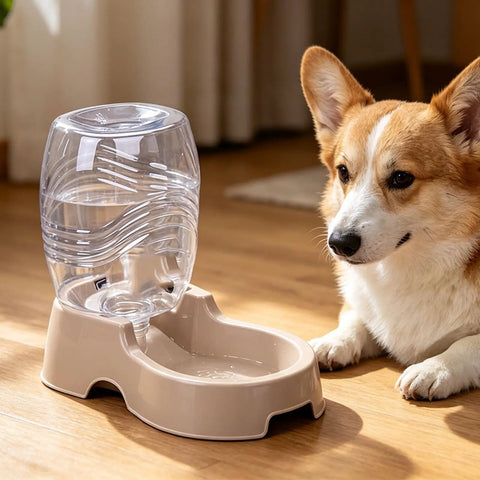 Set It And Forget It Gravity Pet Waterer Keeps Your Pooch Fully Hydrated With Large Capacity Plastic Bowl Featuring Non Slip Base And Whisper Quiet Auto Refill For Dogs And Cats In Beige next to a corgi.