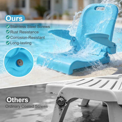 Foldable Outdoor Poolside Chair With Armrests And Drainage Hole Portable Beach Kickback Chair With Handle, Blue, next to pool