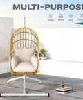 Beige Wicker Egg Chair With Stand For Indoor And Outdoor Use Foldable Hanging Hammock Cushions Included 300 Lbs Capacity