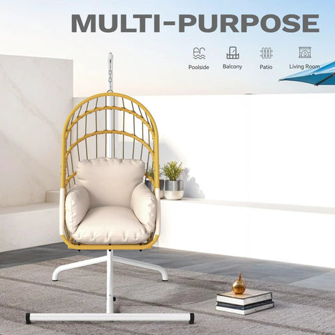 Beige Wicker Egg Chair With Stand For Indoor And Outdoor Use Foldable Hanging Hammock Cushions Included 300 Lbs Capacity