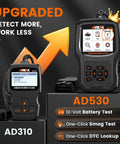 OBD2 Scanner For 1996 And Later Cars With Upgraded AD310 Module Read And Clear Fault Codes Battery Test Live Data And Full OBD II Diagnostic Tool That Translates Codes To Plain English Saving You Big Bucks On Check Engine Visits, showing AD310 and AD530 units with features like battery test and DTC lookup.