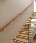 Heavy Duty Beech Wood Stair Handrail 100 Cm Super Grippy Round Safety Grab Bar on modern staircase wall.