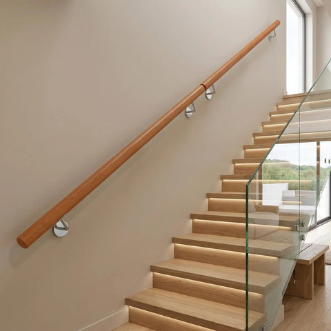 Heavy Duty Beech Wood Stair Handrail 100 Cm Super Grippy Round Safety Grab Bar on modern staircase wall.