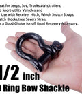 Hand holding 1/2 inch Beefy Half Inch D Ring Bow Shackle With Screw Pin Clevis Four Pack For Jeeps ATVs Trucks And Trailers 2 Ton Working Load Limit Heavy Duty Recovery Gear.