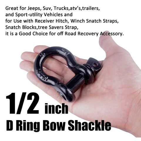 Hand holding 1/2 inch Beefy Half Inch D Ring Bow Shackle With Screw Pin Clevis Four Pack For Jeeps ATVs Trucks And Trailers 2 Ton Working Load Limit Heavy Duty Recovery Gear.