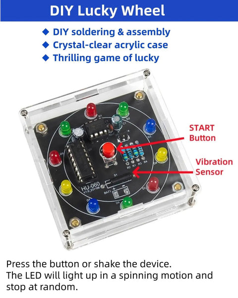 Lucky Wheel Soldering Practice Kit for Electronics Enthusiasts and Beginners, Complete Soldering Project Set with clear enclosure.