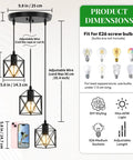 Slick Farmhouse Three Light Pendant With Adjustable Drop Cords Matte Black Hanging Ceiling Lamp dimensions guide with adjustable wire.
