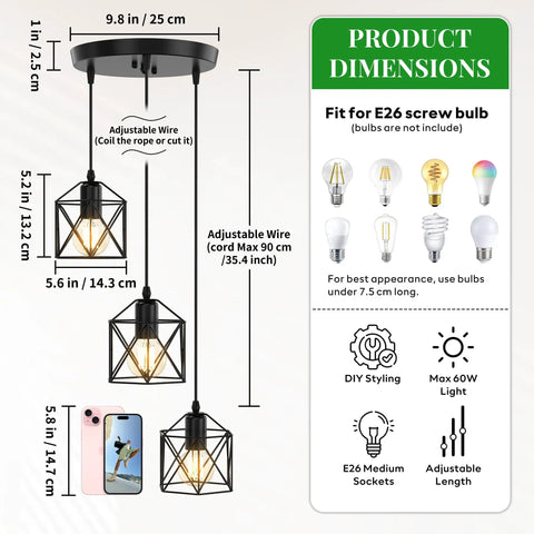 Slick Farmhouse Three Light Pendant With Adjustable Drop Cords Matte Black Hanging Ceiling Lamp dimensions guide with adjustable wire.