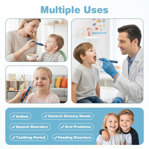 Clean Setup Oral Motor Vibration Kit With Seven Swappable Textured Silicone Heads For Mouth Muscle Tone And Sensory Relief Including Rechargeable Handle And Travel Case used with children in therapy.