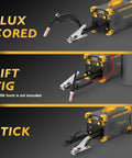 3 In 1 Gasless Flux Core MIG Welder 110V with LCD Display showing flux cored, lift TIG, and stick welding features