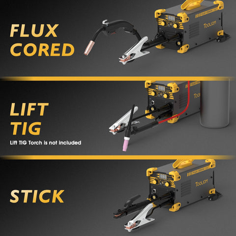 135A Mini MIG Welder Portable 110V Flux Core Gasless 3 In 1 Welding Machine For MIG TIG Stick Welding modes shown