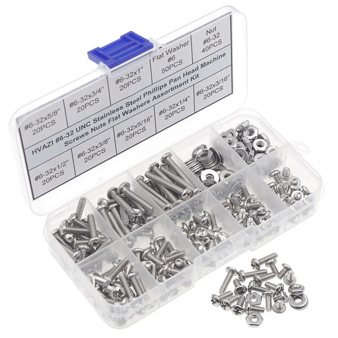 Top Shelf Three Zero Four Stainless Steel SixThirtyTwo Unc Phillips Pan Head Screw Hex Nut And Flat Washer Assortment Kit in a compartmentalized organizer.