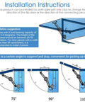 Installation instructions for 2 Pack Heavy Duty Folding Lid Stay Hinges With Soft Close Action Zinc Alloy Adjustable Tension for lids at 75, 90, 110 degrees.