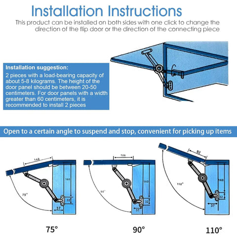 Installation instructions for 2 Pack Heavy Duty Folding Lid Stay Hinges With Soft Close Action Zinc Alloy Adjustable Tension for lids at 75, 90, 110 degrees.