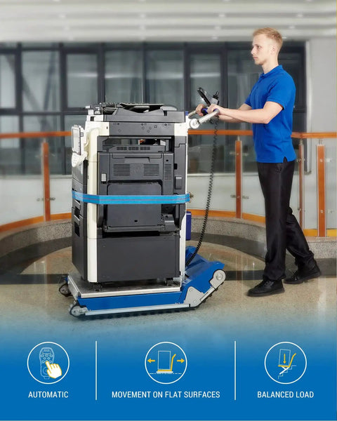 Heavy Duty Electric Stair Climbing Hand Truck With Dual Motors And Smart Load Balancing Board Handles 925 Pounds Of Weight in use transporting a printer.