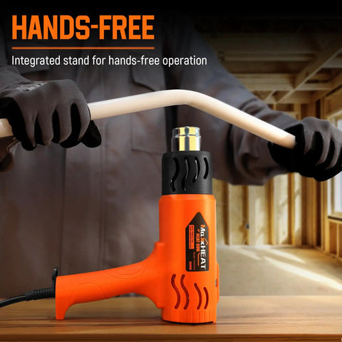Heavy Duty 1800W Hot Air Gun With Dual Temperature Settings 572F And 1112F for shaping PVC piping in workshop.