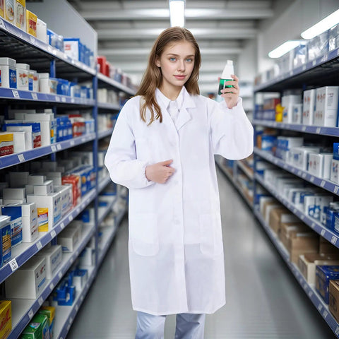 Breathable White Lab Coat Costume For Scientists And Docs Unisex Long Sleeve Adult Lab Coat in pharmacy setting