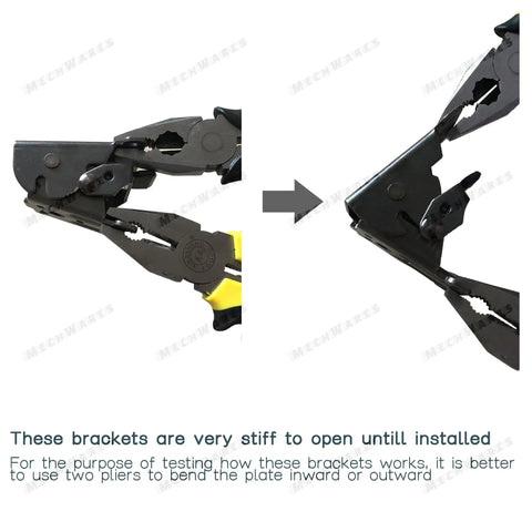 Heavy Duty Fold Down Hinges Built Tough Self Locking Leg Brackets Corner Supports For Folding Tables and Desk Extensions in Garages Kitchens or RV set of 2, shown being bent with pliers.