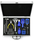 Open case showing 149Pcs Pro Grade Watch Repair Tool Kit with link pin remover, shell opener, tools for watch maintenance.