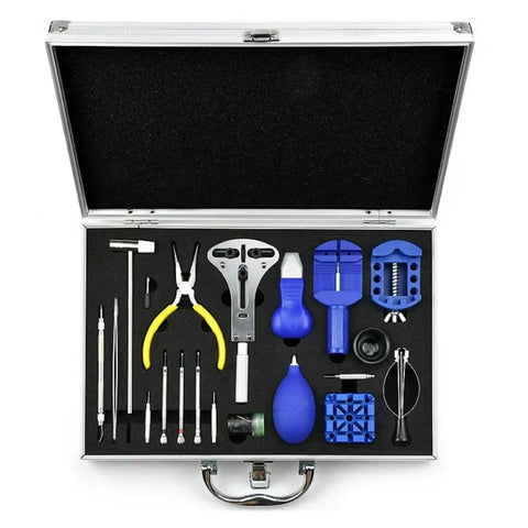 Open case showing 149Pcs Pro Grade Watch Repair Tool Kit with link pin remover, shell opener, tools for watch maintenance.